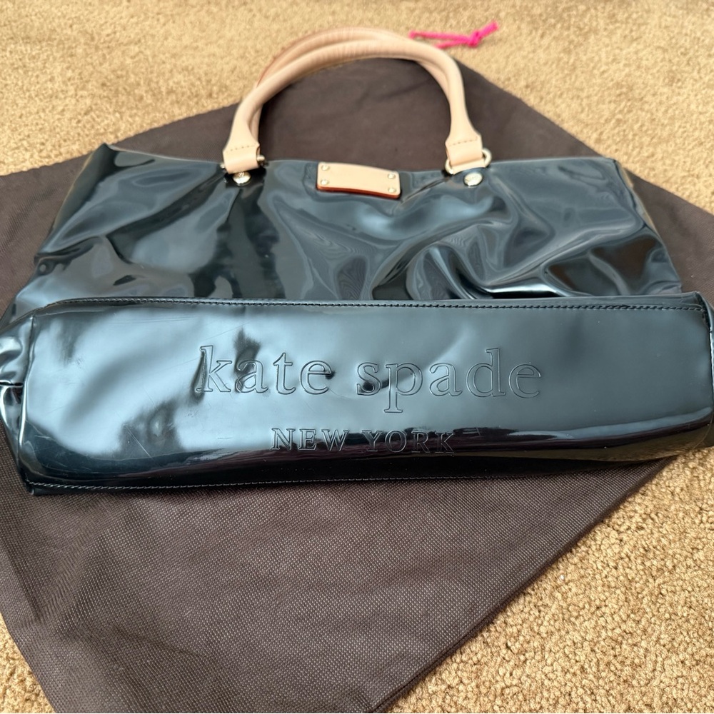 Kate Spade Black Patent Leather Tote with newspaper print lining